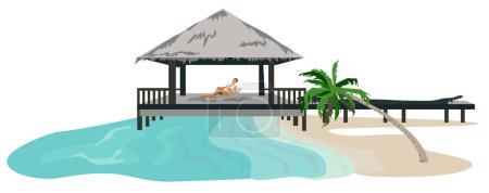Téléchargez les illustrations : Plage avec île tropicale. concept d'heure d'été. - en licence libre de droit
