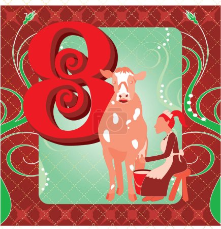 Illustration for Illustration of woman with cow, number 8 on green background - Royalty Free Image
