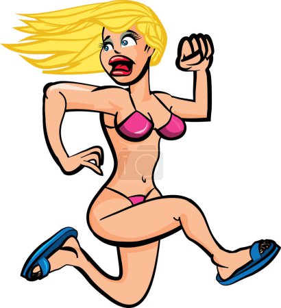 Illustration for Scared woman wearing bikini running , cartoon illustration - Royalty Free Image