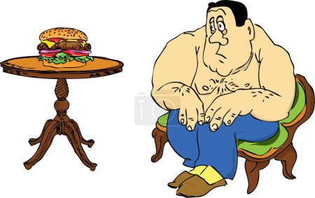 Téléchargez les illustrations : Gros gars regardant grand hamburger, restauration rapide, illustration vectorielle - en licence libre de droit