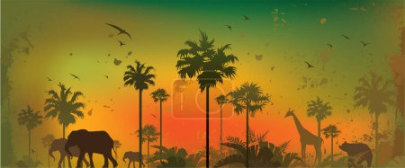 Téléchargez les illustrations : Silhouettes d'animaux tropicaux et de palmiers au coucher du soleil - en licence libre de droit