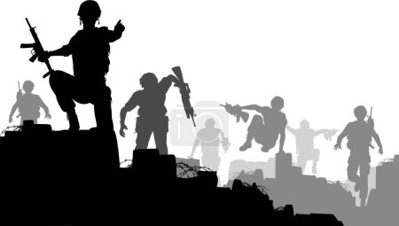 Illustration for Silhouettes of a men with guns, war background - Royalty Free Image