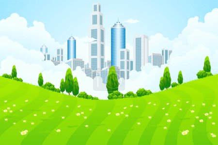 Téléchargez les illustrations : Ville verte avec arbres et gratte-ciel - en licence libre de droit