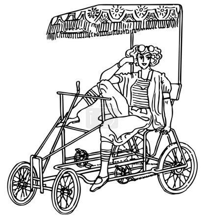 Illustration for Vector sketch of woman sitting in old vintage cart - Royalty Free Image