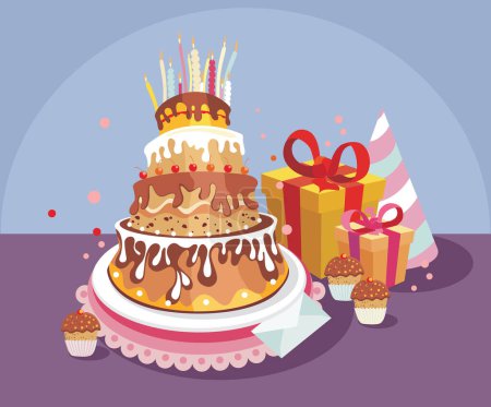 Ilustración de Delicioso y sabroso pastel de cumpleaños y regalos - Imagen libre de derechos