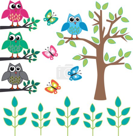 Illustration for Set of cute animals. owls and butterflies. vector illustration - Royalty Free Image