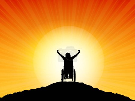 Téléchargez les illustrations : Silhouette d'une femme en fauteuil roulant les bras levés avec succès - en licence libre de droit