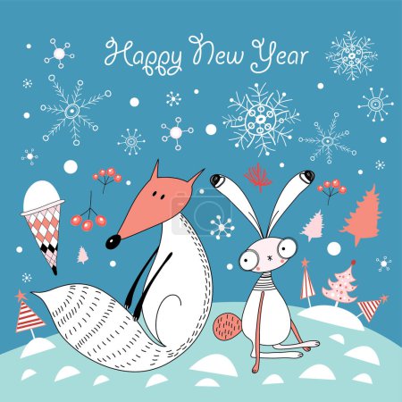 Foto de Linda tarjeta de Navidad con zorro, conejo y copos de nieve ilustración - Imagen libre de derechos