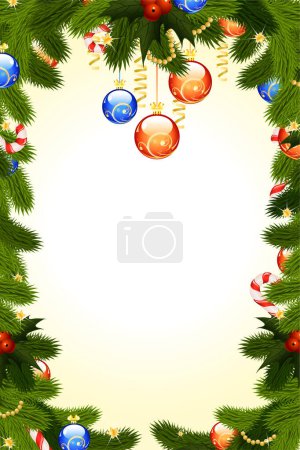 Téléchargez les illustrations : Carte de Noël avec branches de sapin et décorations boules - en licence libre de droit