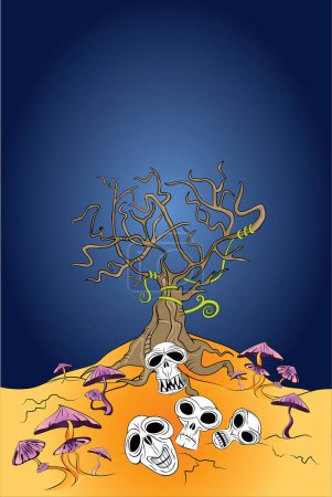 Téléchargez les illustrations : Fond d'Halloween avec arbre mort, champignons et crânes. - en licence libre de droit
