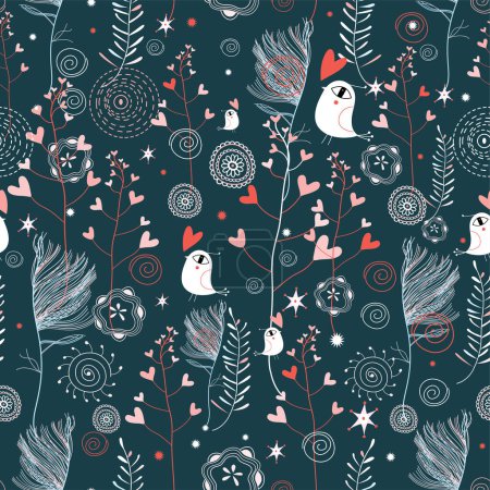 Illustration for Seamless pattern with cute birds and hearts - Royalty Free Image