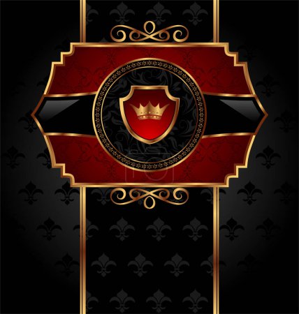 Ilustración de Escudo de oro con corona real sobre fondo negro. plantilla de diseño - Imagen libre de derechos