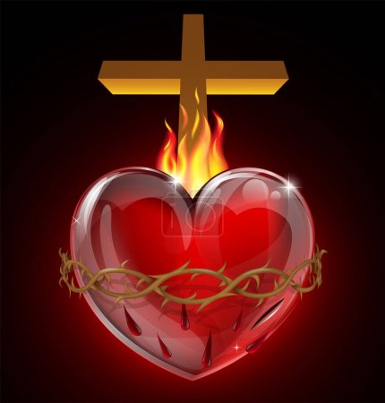 Téléchargez les illustrations : Coeur et croix christianisme symbole sur le fond noir - en licence libre de droit