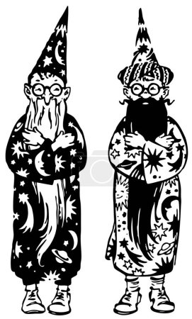 Foto de Ilustración de dibujos animados de dos hombres sonrientes vestidos como magos aislados sobre fondo blanco - Imagen libre de derechos