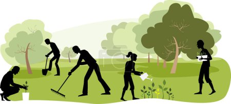 Illustration for People planting trees and plants, vector illustration in cartoon style - Royalty Free Image