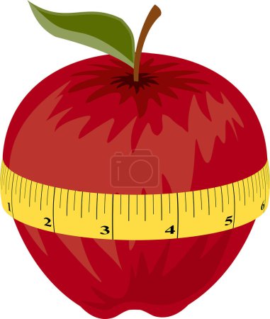 Téléchargez les illustrations : Pomme rouge avec ruban à mesurer sur fond blanc - en licence libre de droit
