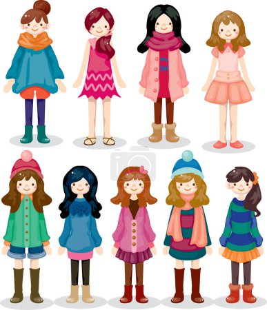 Téléchargez les illustrations : Ensemble de petites filles mignonnes dans des vêtements différents - en licence libre de droit