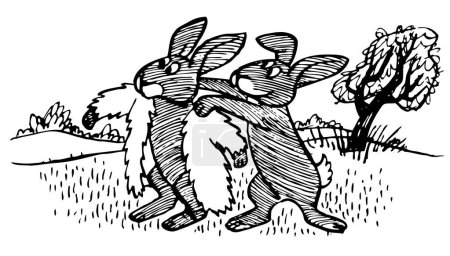 Téléchargez les illustrations : Deux lapins dans une forêt, illustration vectorielle - en licence libre de droit