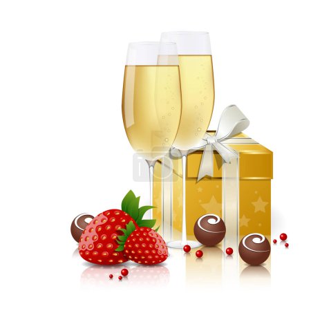 Téléchargez les illustrations : Illustration vectorielle de verres à champagne, coffret cadeau, fraises et chocolat isolés sur fond blanc - en licence libre de droit