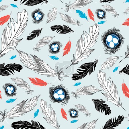Ilustración de Patrón floral vectorial con plumas de aves y huevos en nidos - Imagen libre de derechos