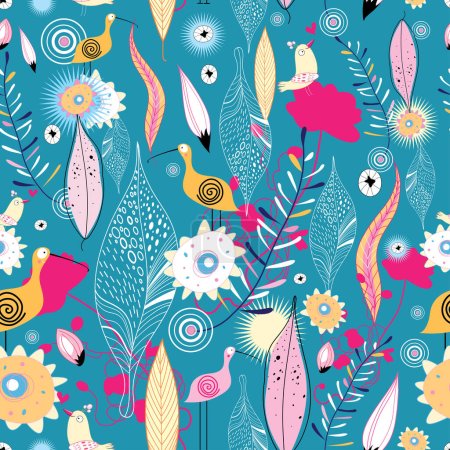 Illustration for Seamless pattern with cute birds, flowers and leaves - Royalty Free Image