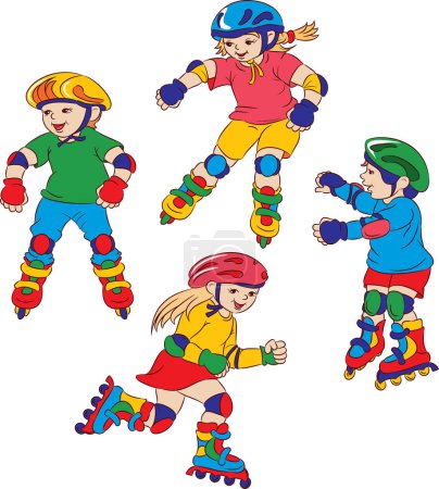 Ilustración de Niños patinaje sobre rodillos aislados en blanco - Imagen libre de derechos