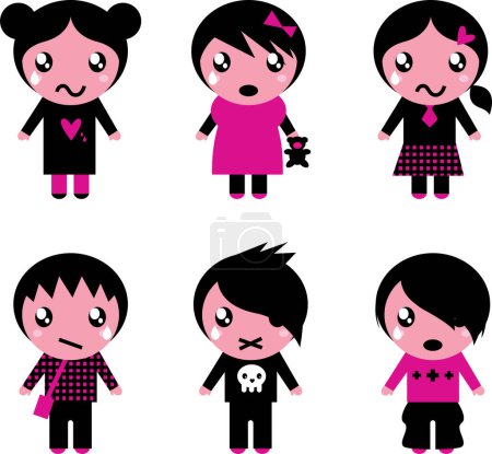 Ilustración de Conjunto de dibujos animados personaje niña y niño en diferentes poses aisladas sobre fondo blanco - Imagen libre de derechos