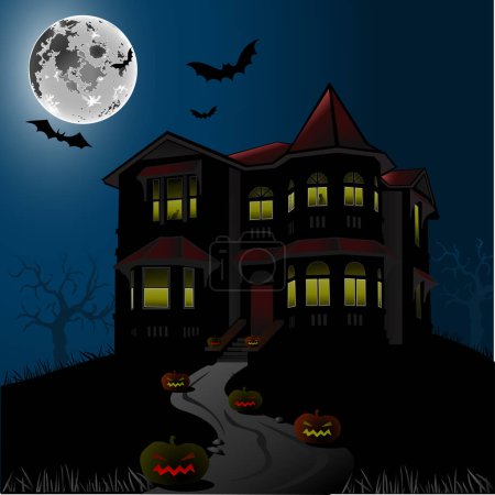 Illustration for Halloween night background with pumpkins and bats - Royalty Free Image