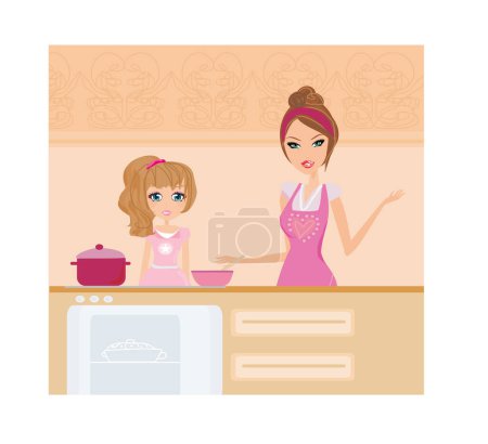 Téléchargez les illustrations : Deux filles mignonnes dans la cuisine illustration vectorielle - en licence libre de droit