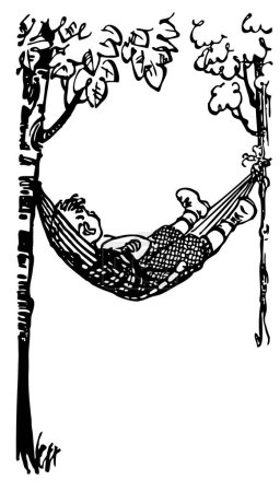 Illustration for Hammock with two trees and boy resting inside . black and white illustration - Royalty Free Image