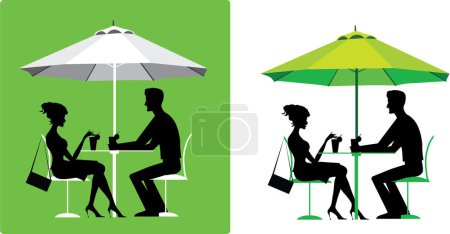 Téléchargez les illustrations : Couple assis sous parapluie et passant du temps ensemble, illustration - en licence libre de droit