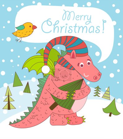 Illustration for Merry christmas greeting card with cartoon dragon - Royalty Free Image