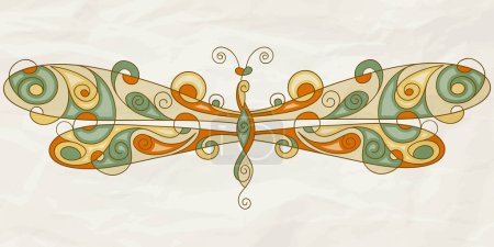 Illustration for Vector stylized dragonfly with detailed wings on crumpled paper texture, eps 10, mesh - Royalty Free Image