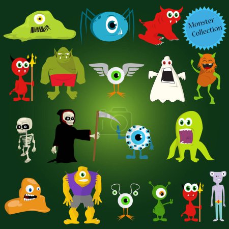Téléchargez les illustrations : Ensemble de monstres sur fond vert, icônes halloween - en licence libre de droit
