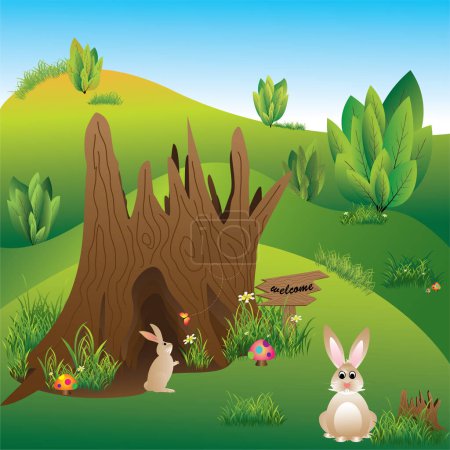 Illustration for Springtime Easter holiday landscape hares in the wonderland - Royalty Free Image