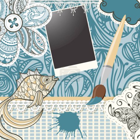 Illustration for Vector scrapbook design pattern on seamless  background. includes elements that can be used separately:photo frame, brush, fish,  butterfly, button, cloud, napkin, and flower - Royalty Free Image