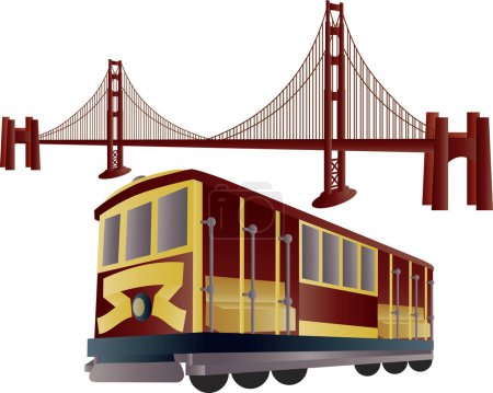Illustration for Vector illustration of golden gate bridge in san francisco and vintage tram - Royalty Free Image