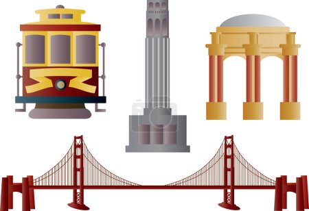 Téléchargez les illustrations : San Francisco Golden Gate Bridge Trolley Coit Tower et Palace of Fine Arts Illustration - en licence libre de droit