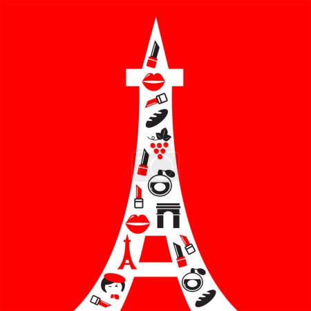 Ilustración de Imagen vectorial de la torre de París eiffel con objetos de cosmética femenina - Imagen libre de derechos