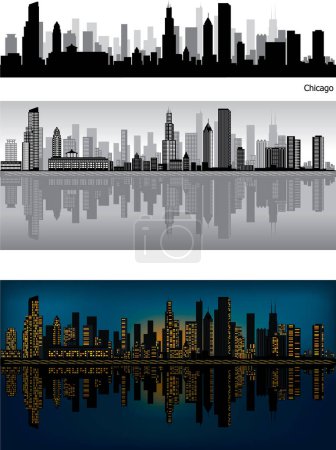Ilustración de Ciudad de Chicago skyline en blanco y negro con cielo azul. ilustración. - Imagen libre de derechos