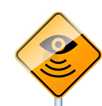 Téléchargez les illustrations : Panneau d'avertissement routier sur la surveillance vidéo routière isolé en arrière-plan blanc - en licence libre de droit