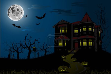 Illustration for Halloween night with haunted house and bats - Royalty Free Image