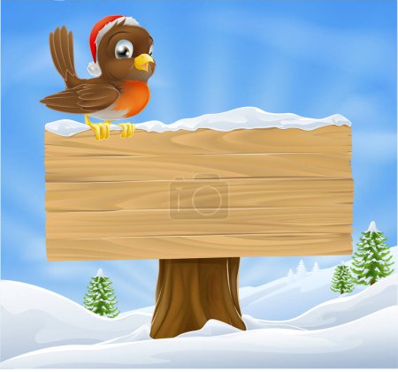 Illustration for Illustration of bird perched on wooden signboard in winter - Royalty Free Image