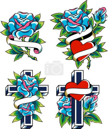 Ilustración de Vector tatuaje conjunto de rosa, corazón y cruz tatuaje con flor - Imagen libre de derechos
