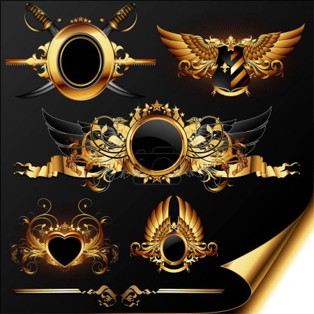 Ilustración de Conjunto de etiquetas de oro, insignias, cintas y marcos - Imagen libre de derechos