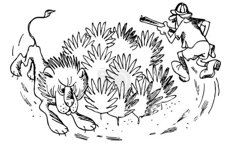Ilustración de Macho cazador tratando de coger león - Imagen libre de derechos