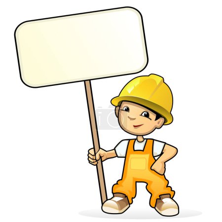 Téléchargez les illustrations : Travailleur de la construction avec panneau vierge - en licence libre de droit