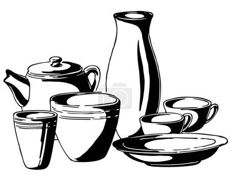 Ilustración de Ilustración de dibujos animados en blanco y negro de diferentes platos - Imagen libre de derechos