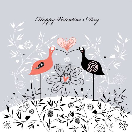 Téléchargez les illustrations : Carte de Saint-Valentin. oiseaux sur fond floral. illustration vectorielle - en licence libre de droit