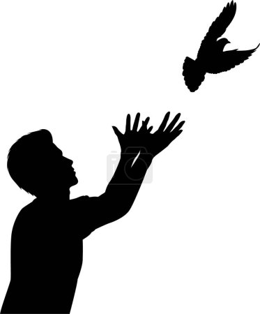Téléchargez les illustrations : Silhouette vectorielle d'un homme laissant voler une colombe - en licence libre de droit